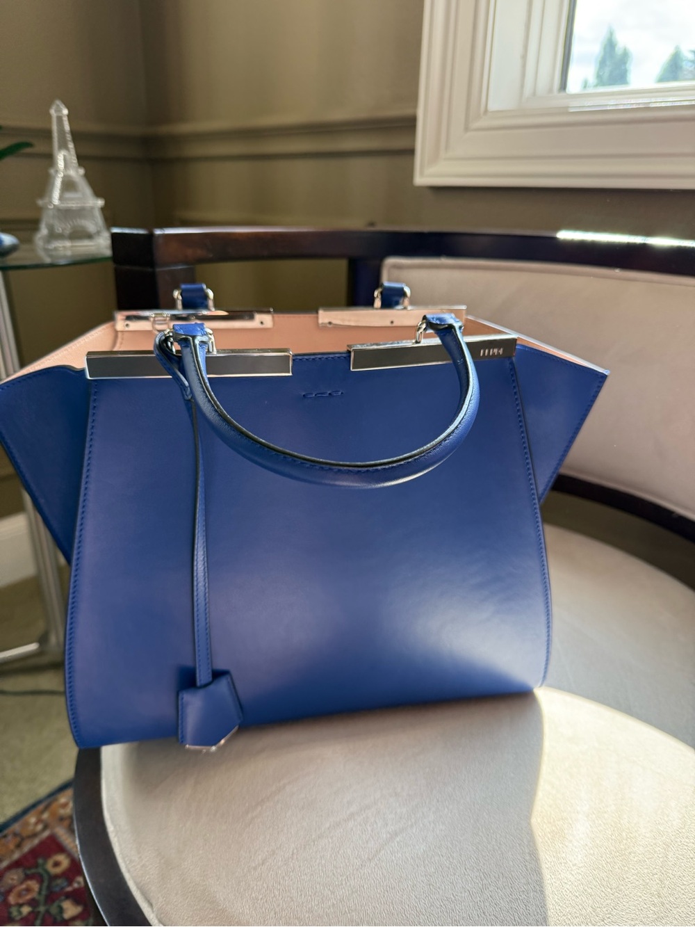 Fendi Royal Blue Leather Satchel with Pink Interior